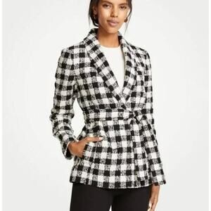 Ann Taylor Checked Belted Tweed Thick Wool Blend Knit Blazer Jacket Size Medium